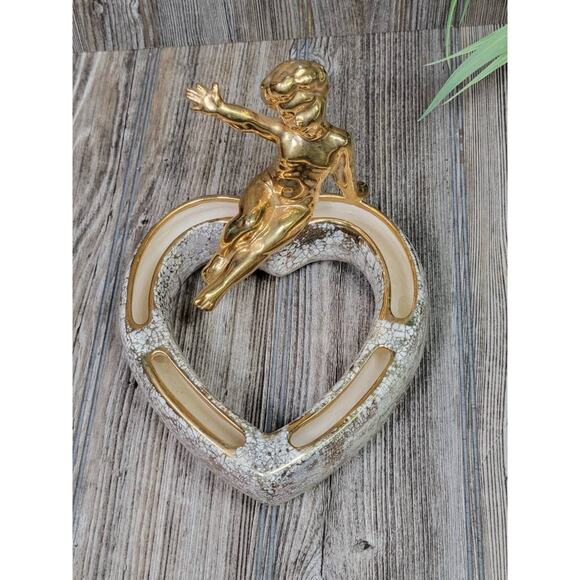 Vintage Posy Ring Vase, Heart-Shaped Gold Cherub Figure, Valentine Decor - Picture 2 of 5
